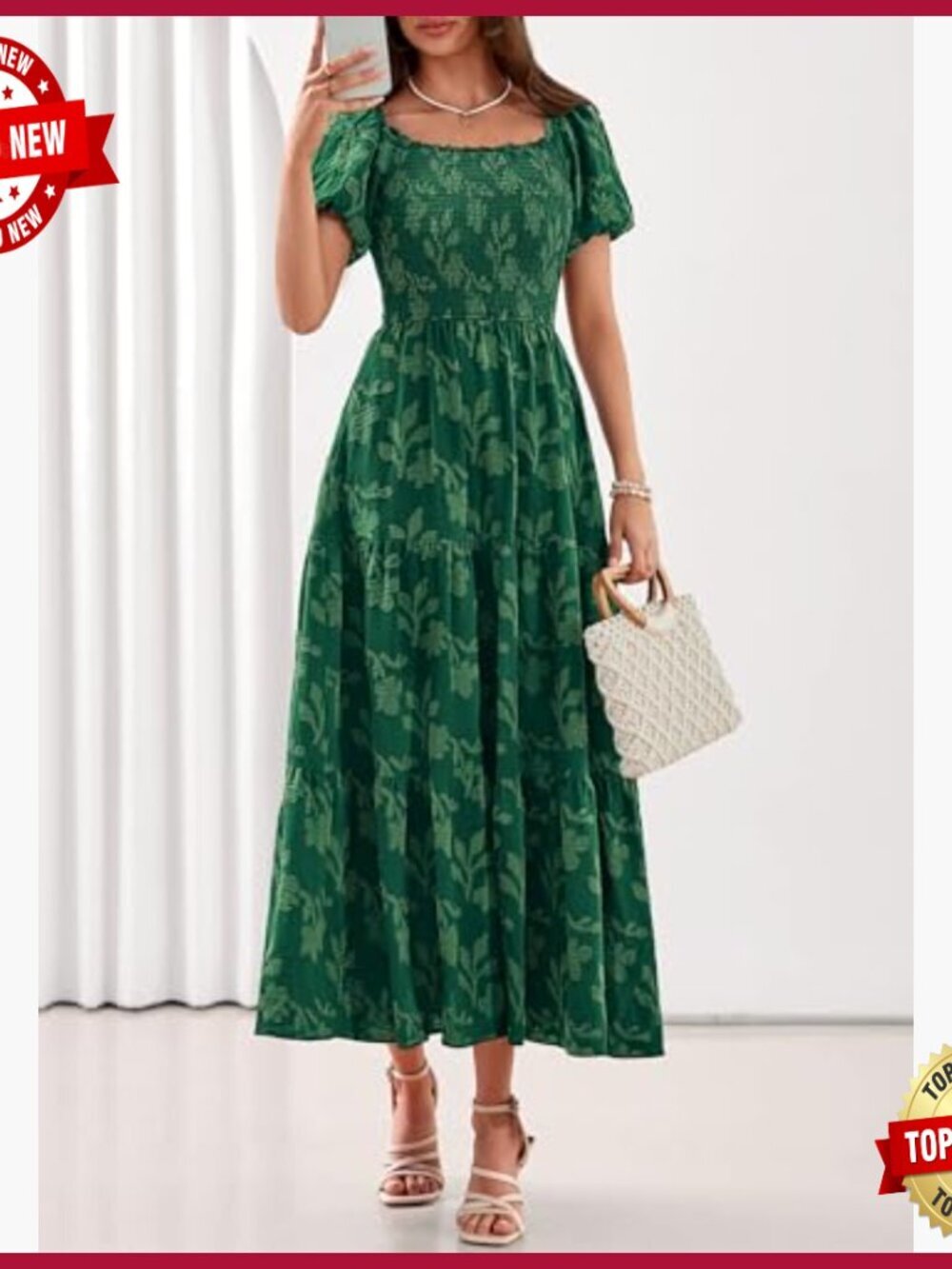 Summer Maxi Dress Floral Square Neck Smocked Bodice Pockets Boho - Picture 2 of 7